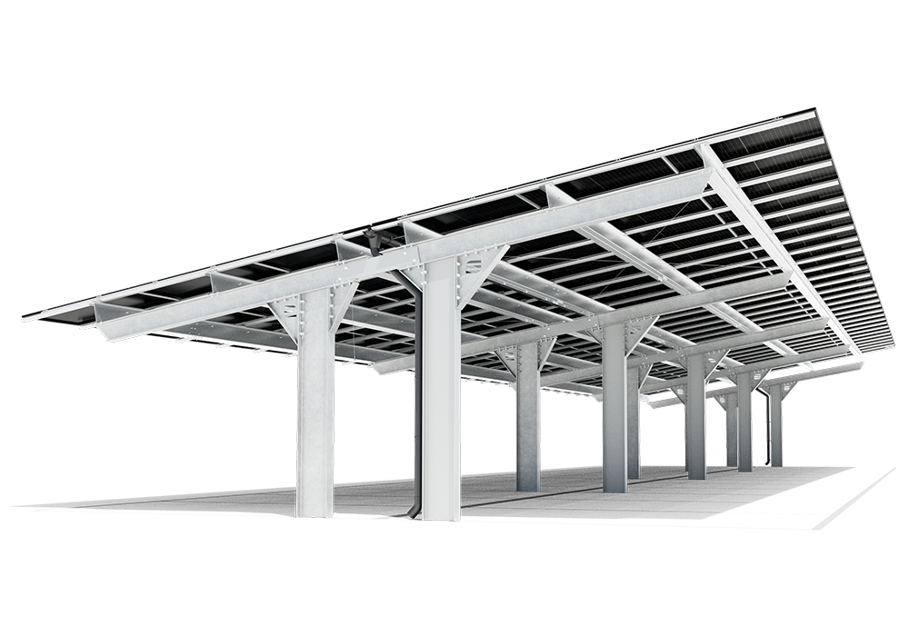 KLY Solar D-Series carport structure — steel frame with PV array