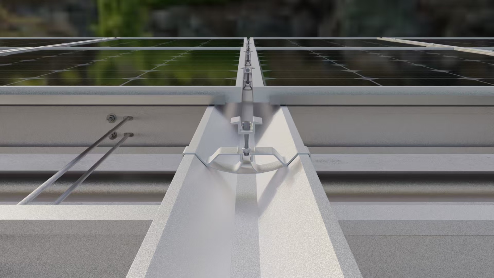 Mounting rail and clamp detail on a solar module